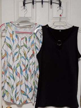 Pair of Sleeveless Tops - Black Ring-Accent & White Multicolor Leaf Print